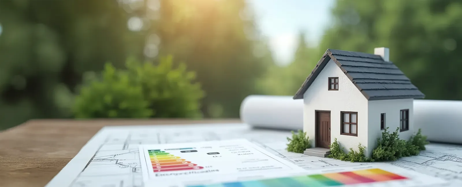 Kleines Hausmodell auf Bauplänen und einem Energieausweis, im Hintergrund unscharfes Grün
